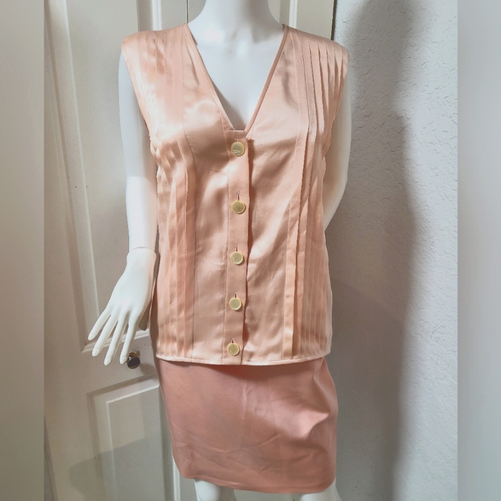 Valentino Night Vintage Light Pink Silk Button-Down Blouse and Skirt